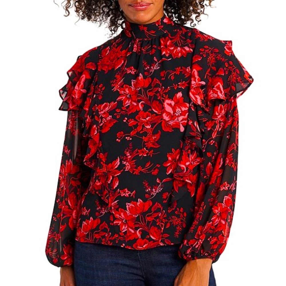 Vince Camuto Long Sleeve Mock Neck Tiered Ruffle Floral Blouse